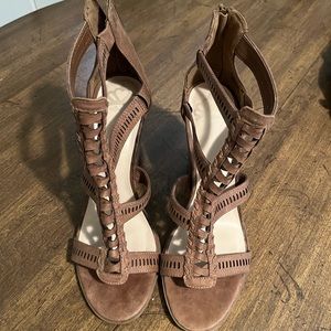 Dark brown high heeled gladiator sandals. Worn just around the house